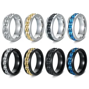 Stainless steel spinner ring details showing multi-color gear chain variations and options.