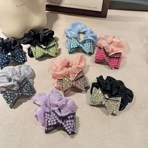 Chouchou per capelli con fiocco in strass stile coreano tessuto raso fermacoda accessori