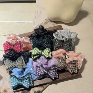 Elastico capelli fiocco strass raso supporto coda di cavallo lucido accessorio capelli