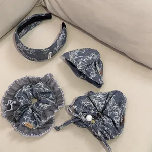 Korean Style Denim Fabric Hair Accessories For Women Retro Floral Print Lace Splicing Headband Scrunchie Hair Claw Clip Decor