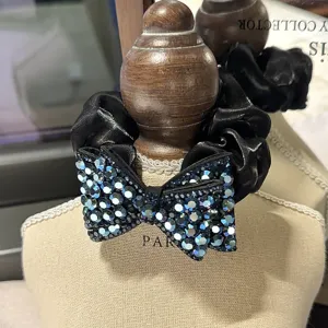 Eleganti Elastici per Capelli in Tessuto Con Strass e Fiocco Scrunchies Glitter Supporto Coda di Cavallo Accessori Capelli Donna