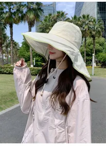 Outdoor women sun protection hat with wide brim neck flap and wind rope for summer hiking fishing.