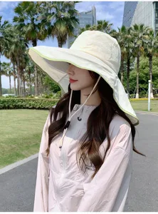Detail view of the outdoor sun protection fisherman hat with wide brim and neck flap for summer.
