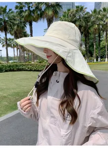 Wide brim outdoor sun hat detail, UV protection fisherman cap with neck flap for summer.