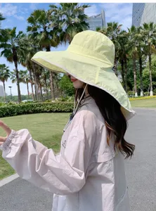 Detail view of women outdoor sun protection fishing hat with wide brim and neck flap.
