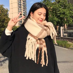 Nahaufnahme des kuscheligen Karos Schals aus Mohair mit Fransen für den kalten Winter.
