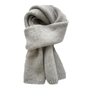 Cozy grey winter knitted scarf for women, soft solid color casual warm neck warmer.