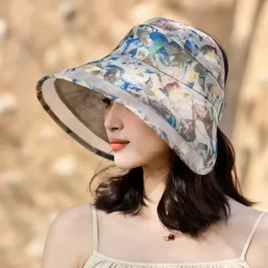 Stylish double-sided printed wide brim sun hat, floral summer UV protection beach cap variant.