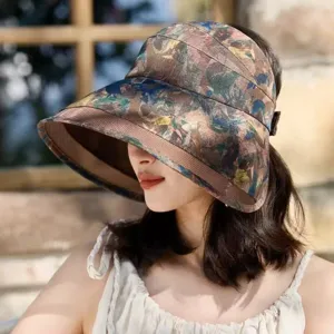 Women wide brim sun hat summer UV protection floral print beach visor casual sunhat