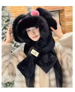 Black plush bunny ear hat with scarf detail, cute winter warm hooded plush hat for women wear.
