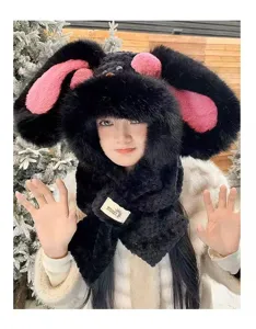 Winter cute rabbit ear plush hooded scarf warm thick windproof cute plush cap for women