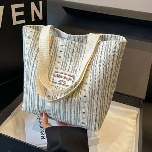 Women Corduroy Tote Bag Casual Striped Handbag Large Capacity Shoulder Bag Daily Commuting Student School Bag
