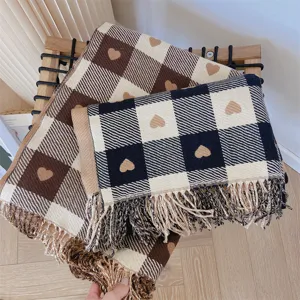 Winter women imitation cashmere scarf love heart plaid thickened tassel fashion versatile shawl