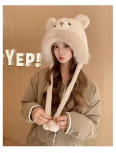 Cute plush bear ear faux fur winter warm earflap hat for women thick cozy fluffy cap