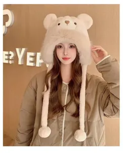 Sweet winter plush bear earflap hat, thick warm faux fur cap with cute long braided pom pom.