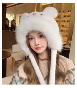 Winter sweet cute white bear plush hat women thickened warm faux fur earflap hat detail