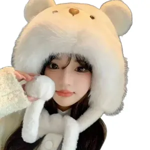 Sweet cute bear plush knitted winter warm thick faux fur earflap pullover hat women