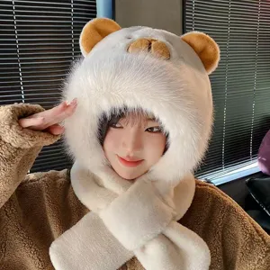 Ensemble bonnet et écharpe en peluche pour femme, chapeau chaud d'hiver avec cache-oreilles.