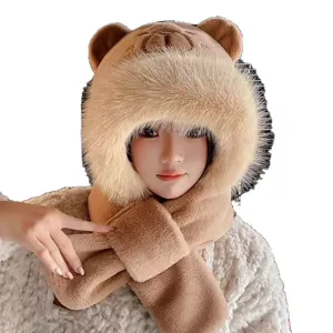 Joli ensemble bonnet écharpe en peluche capybara pour femme, bonnet chaud cache-oreilles.