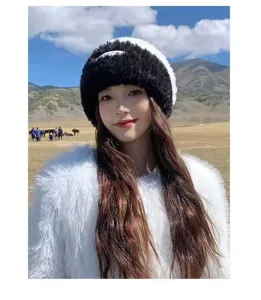 Winter cute plush hat warm knitted earflap slouchy cap for women soft fluffy thick winter.