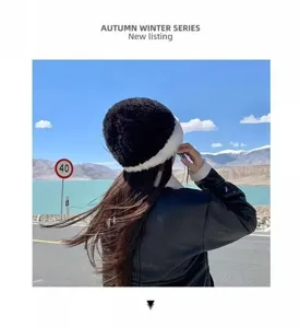 Winter warm plush hat for women, soft fuzzy beanie with ear protection, stylish detail view