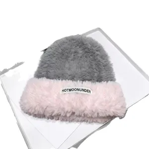 Cute plush winter beanie hat grey and pink fuzzy knit warm cap for women soft stylish streetwear