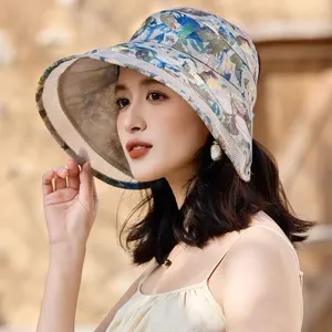 Women's Wide Brim Sun Hat UV Protection Summer Outdoor Fisherman Hat Floral Pattern Beach Cap