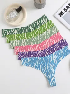 Tanga senza cuciture con stampa zebrata astratta, set di mutandine colorate, dettaglio.