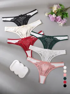 Sexy women low-waist lace thong detail view, featuring breathable sheer fabric with sweet bowknot.