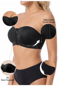 Strapless front-buckle push-up bandeau bra with 3d bust support and anti-slip grip.