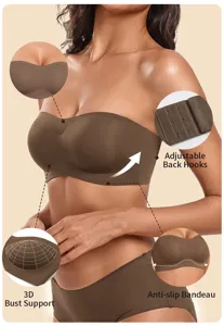 Detail view of seamless strapless bandeau bra with 3D bust support and adjustable back hooks.