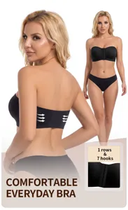 Detailed view of the strapless black bra showing front hook closure and secure back band.