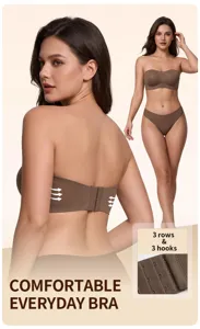 Detail view of strapless seamless bra, comfortable everyday wear, 3 rows 3 hooks closure.