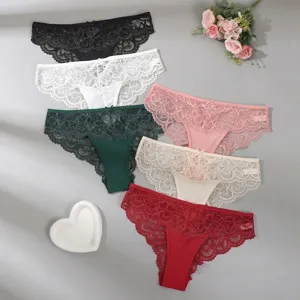 Women's Sexy Low Rise Seamless Thong Minimalist Solid Color Heart Cutout Wavy Edge Lace Panties Underwear