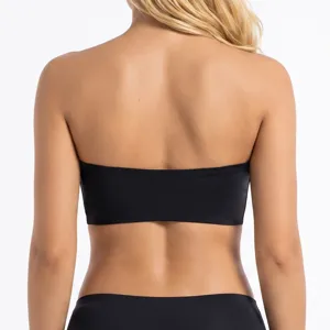 Professional back view of a black strapless seamless bra tube top on a clean white background.