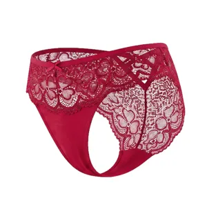 Sexy red lace thong for women featuring heart cutout design, low waist and cute bow detail.
