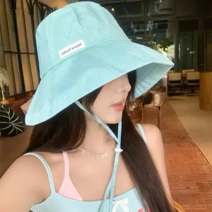 Cappello da sole estivo da donna, design a righe stile giapponese, tesa larga chic.