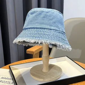 Classic blue denim bucket hat with frayed edges, vintage washed sun hat for women and girls.