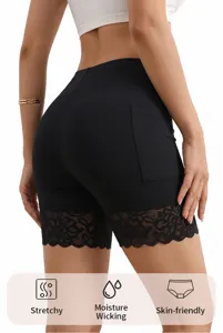 Donna vita alta pizzo biker pantaloncini sportivi modellanti con tasca per fitness allenamento
