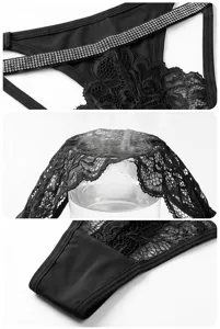 Women sexy low waist lace thong rhinestone straps breathable black panty detail close-up