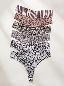 Seamless animal print thong set, low-waist ice silk underwear with zebra and leopard patterns.