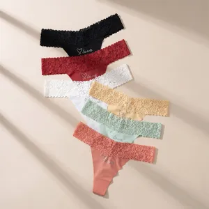 Women Sexy High Waist Lace Rhinestone T-back Panties Seamless Breathable Cotton Crotch Embroidery Thong Underwear Lingerie