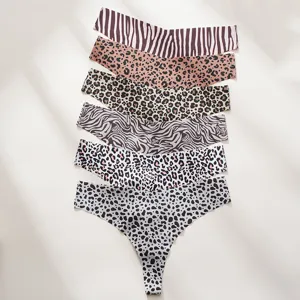 Seamless ice silk thong set for women, breathable low rise animal print panties main.