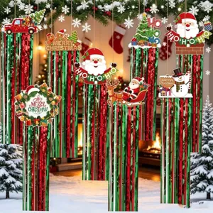 Rideau guirlande de Noël décoration de fond de fête avec cartes père Noël bonhomme de neige.