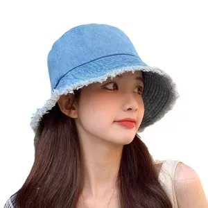 Blue denim bucket hat for women, casual raw edge sun protection hat, Korean style basin hat.