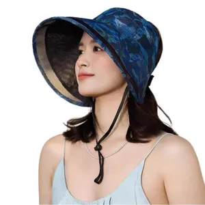 Womens large brim sun hat summer UV protection outdoor beach hat with wind rope blue