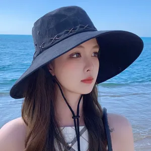 Womens wide brim black sun hat outdoor hiking camping hat fashion summer beach cap