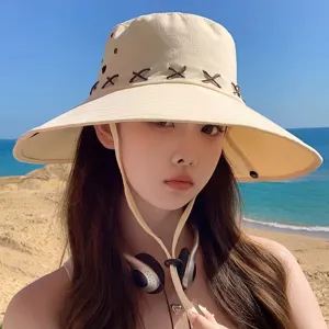 Beige wide brim sun hat for women summer outdoor hiking camping beach casual fisherman cap style