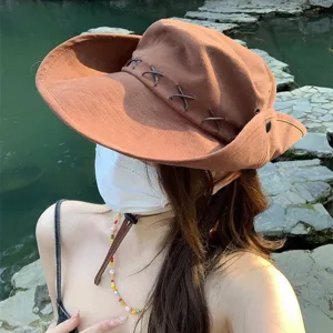 Amerikanischer brauner Vintage Cowboyhut für Damen, breite Krempe Outdoor Sonnenschutz.