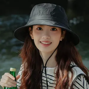 Women summer UV protection outdoor quick dry bucket hat with windproof chin strap black